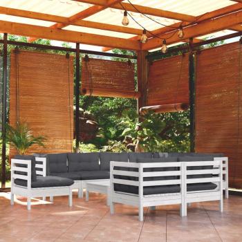 Set de Sofás de Jardín, 10 Piezas con Almohadas Blancas de Madera Maciza de Pino