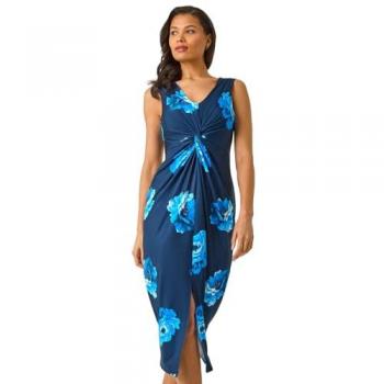 Robe Roman Bleu à Imprimé Floral Torsadé EU 46
