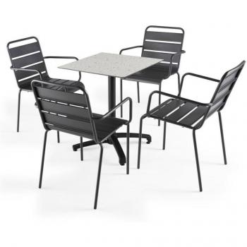 Mesa y Sillones Ovialuxe: Terrazo Laminado + 4 Asientos Grises