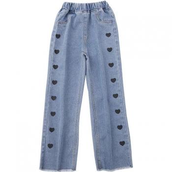 Pantalon pour enfant, jeans à jambes larges, motif de cœur, 4-14 ans, printemps-automne 2022
