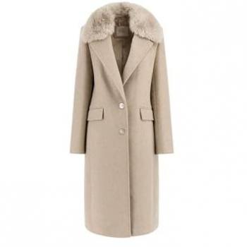 Guess Women's Nancy Coat, Single-Breasted, Beige with Removable Faux Fur, Size XS
