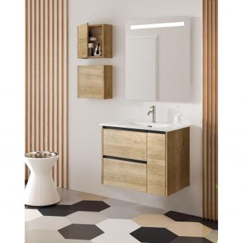 Baño Suspendido “Organiza” 100 cm – Lavabo cerámico, doble cajón, puerta lateral con cierre suave y organizador, roble natural