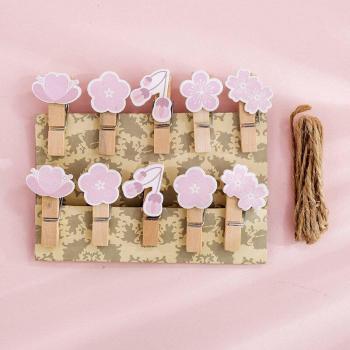 10 pcs Wooden Cherry Photo Clips with Rope for Notes and Decoration