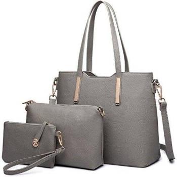 Miss Lulu Women's Faux Leather Tote Bag Set (Grey)