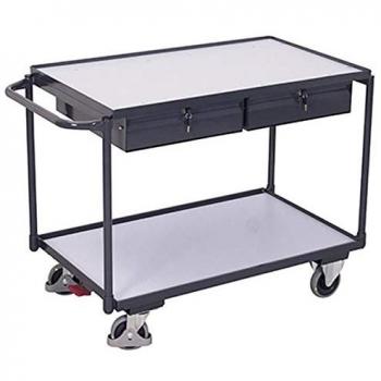 Leichter ESD-Tischwagen, Stahl/Spanplatte, Graphitgrau/Lichtgrau, 2 Etagen, L 985 x B 605 mm, 2 Schubladen, TPE-Rollen mit EasySTOP, bis 250 kg