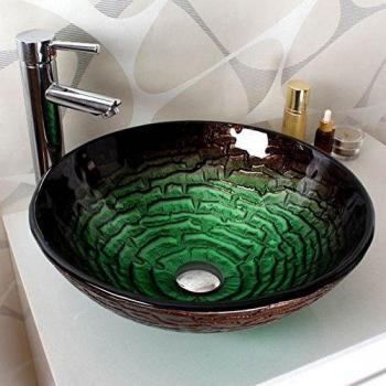 HomeLava Modern Rund Grün Waschbecken aus gehärtetem Glas mit Ablaufgarnitur, Montagering