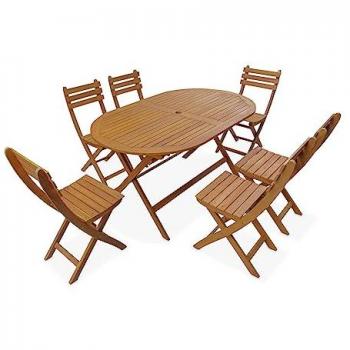 Table de jardin en bois d'acacia huilé 150cm avec 6 chaises pliables