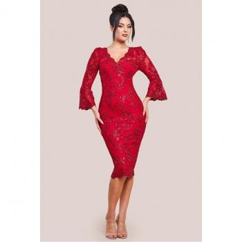 Goddiva Sequin Scallop Midi Dress (Red)