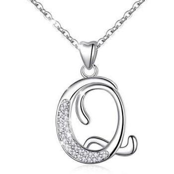 Pendentif Initial Lettre Q en Argent 925 avec Zircon Cubique, Chaîne 46cm