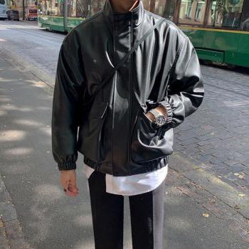 Manteau noir en cuir PU pour homme, col montant, fermeture éclair