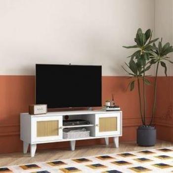 Mueble de TV HOMCOM con 2 Puertas de Ratán y Estante Ajustable 120x35x46 cm Blanco