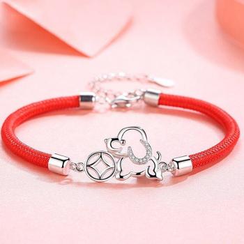 925 Sterling Silver Bracelet with Hollowed Out Dog and Red Rope