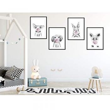 Set de 4 Posters A4 para Habitaciones Infantiles con Animales y Chicle Rosa