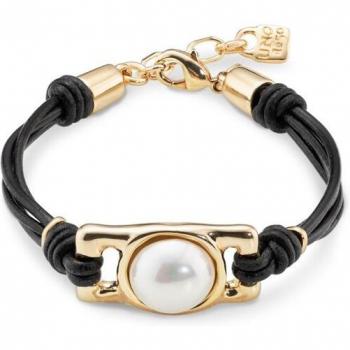 Bracelet cuir marron or plaqué 18 carats et perle