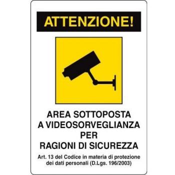 TARGA AREA SOTTO VIDEOSORVEGLIANZA 300X200 ALLUMINIO PZ