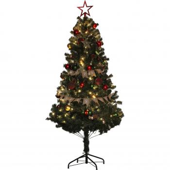 HOMCOM 6 Ft Pre-Lit Artificial Christmas Tree with Flame-Retardant Material, Merry Christmas Ribbon, Star Topper, Pine Cones, and Decorative Balls