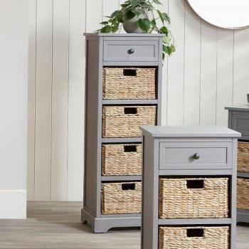 Grey Wooden Tall Boy 1 Drawer 4 Baskets Tall Unit Living Room Storage Unit