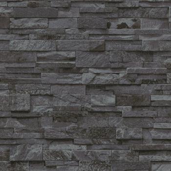 Realistic Brick-Style Stone Wallpaper in Black with 3D Dark Grey Slate Pattern