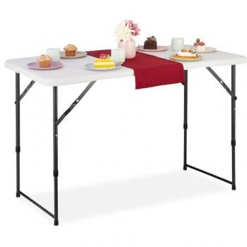 Relaxdays Table de Campement Pliante HLP 535x120x60 cm – Construction Durable en Plastique & Acier, Blanc