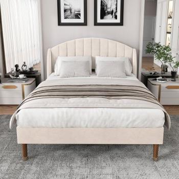 Matrimonio in Legno con Testa Imbottita Velluto Beige – 140x190 cm