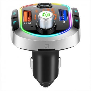 Bluetooth Car Charger with Dual Screen Display, QC3.0 Fast Charging, MP3 Player & Ambient Light