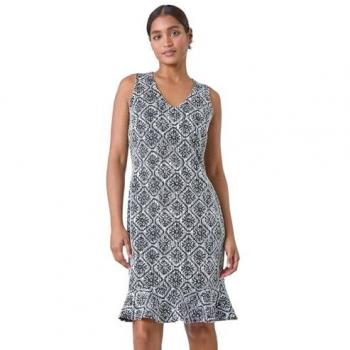 Roman Womens Geometric Print Frill Hem Dress
