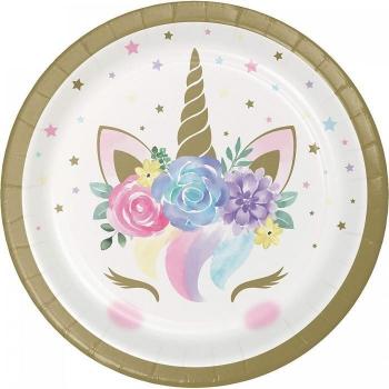 Papier-Einhorn-Blumen Teller Set – 8‑Stück, weiß