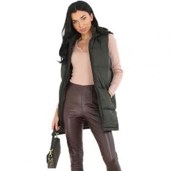 Brave Soul Women's Khaki Longline Hooded Puffer Vest