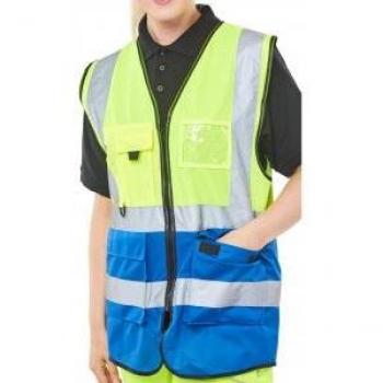 B-Seen Two Tone Executive Waistcoat in Satin Yellow, Royal Blue color with a size of 5XL