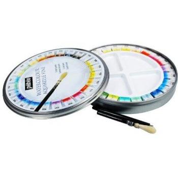 Pebeo Fine Metal Aquarellpaletten-Set – Rundkasten mit 24 halben Eimern + 1 Taschenpinsel