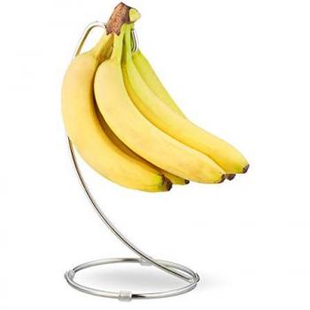 Porta Banane Elegante con Base Rotonda, Gancio in Ferro Cromato, Fruttiera Argento