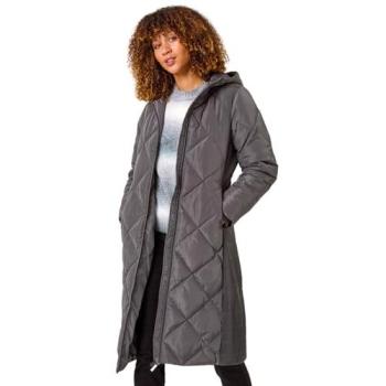 Diamond Quilted Longline Coat – Female, Charcoal, Size 18