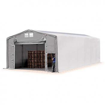 Carpa industrial Toolport 8x12 m con puerta levadiza, altura lateral 4 m, lona PVC ignífuga PRIMEtex 2300 N, claraboya, 100% impermeable, color gris