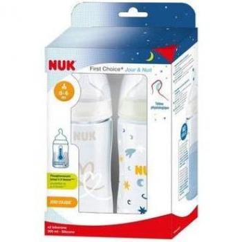 Biberon NUK First Choice + Lot de 2 300ml Silicone 0-6 mois Jour/Nuit
