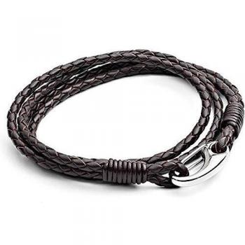 Stainless Steel Shrimp-Clasped Brown Leather Double-Wrap Bracelet, 21 cm for Men