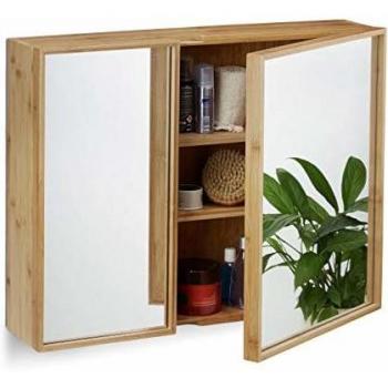 Armadietto da Bagno in Bambù con Specchio, 2 Ante, 50 x 65 x 14 cm