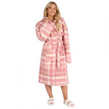 Elegant Blush Tartan Teddy Dressing Gown for Adults
