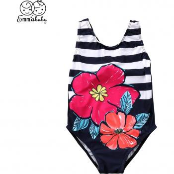 Bañador Bebé Niña Estampado Flores y Rayas con Lazada en la Espalda