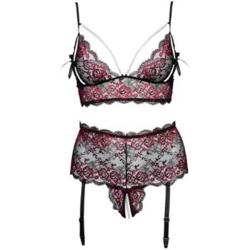 Cottelli CURVES Soft-BH + Straps Slip ouvert XL/2XL – 2-farbige Blütenspitze