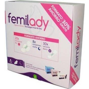 Pack 20 compresas D–A, 8 NOCHE Y 30 Salvaslip FEMILADY