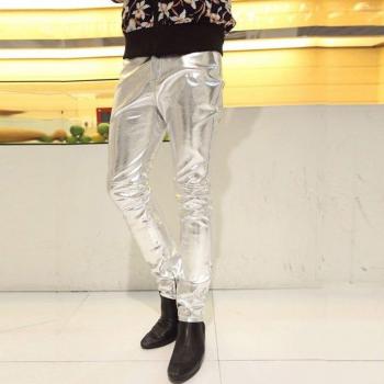 Pantalon Skinny Argent Or en Faux Cuir pour Hommes