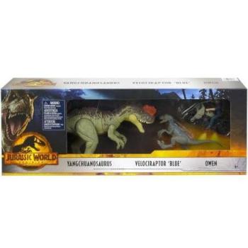 Ensemble Dinosaure Jurassic : Velociraptor Blue, Yangchuanosaurus et Moto