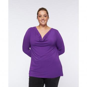 Camiseta de mujer con escote drapeado y pliegues en las mangas