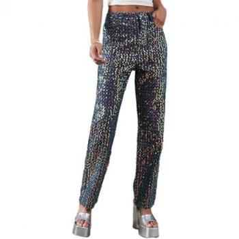 Indigo Blue Cotton Sequin Straight Leg Jeans for Women