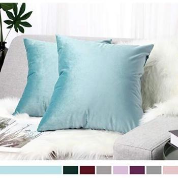 Lewondr Velvet Soft Cushion Cover, 2 Pack Modern Solid Color Square Decorative Throw Pillow Case Cover for Car Sofa Bed Couch Home Decor, 20x20(50x50cm), Lake Blue