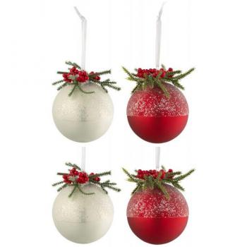 Set de 4 Boules de Noël en Verre, Blanc & Rouge – Givrées