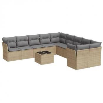 Ensemble mobilier de terrasse VidaXL 11 pièces, coussins beiges, résine tressée