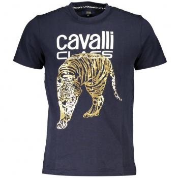 Cavalli Class Blue Printed Logo Round Neck T-Shirt