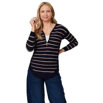 Izabel London Women's Navy Striped Zip‑Neck Knit Top, 14
