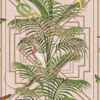 Holden Decor Birds Tropical Palm Trees Wallpaper Pink Metallic Gold Green Congo